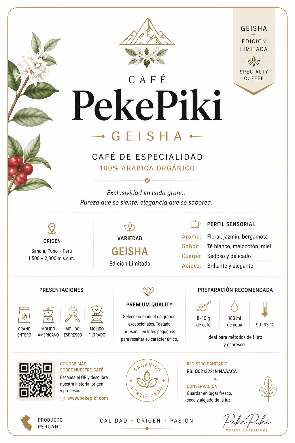 Ficha técnica del Café Geisha PekePiki 8oz con notas de cata y origen